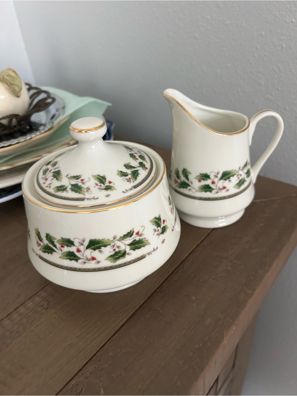 Holiday Holly Creamer and Covered Sugar Set - White with Green and Red Accents